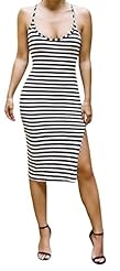 Sexy Round Neck Striped Print Open-Back Slit Bodycon Dress/Midi Dress 