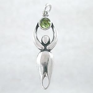 Celestial Lunar Goddess Pendant in Sterling Silver with a Peridot Gemstone Moon, #8723