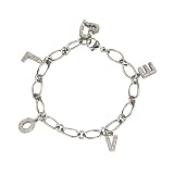 Diamond Cubic Zirconia LOVE Letters and Journey Heart Platinum Overlay Sterling Silver Charm Bracelet 7.5"