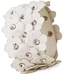 Beautiful Bling Crystal & White Flower Leatherette Cuff Bracelet