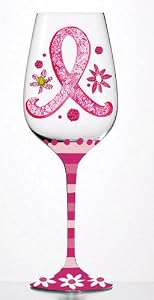 Handpainted Wine Glass, Pink Ribbon Floral