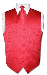Men's Red Paisley Design Dress Vest and NeckTie Set for Suit or Tuxedo