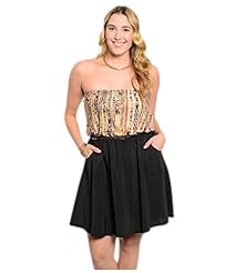 Junior Strapless General Print Belted Elasticized Empire   Waistline  Dress