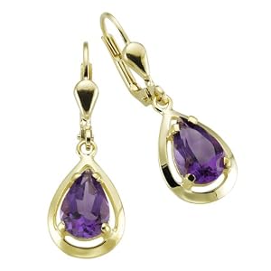 Fascination by Ellen K. 138330019 - Pendientes de mujer de oro amarillo (8k) con 2 amatistas, 3 cm