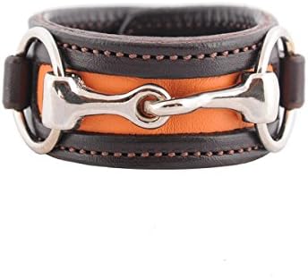 Equestrian Horse Snaffle Bit Two-Tone Brown and Orange Leather Cuff Bracelet (Brown/Orange)