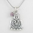 Sitting Buddha Pendant with Amethyst Bead on a 16" Rhodium and Sterling Silver Snake Chain, #8501