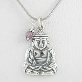 Sitting Buddha Pendant with Amethyst Bead on a 16 Rhodium and Sterling Silver Snake Chain, #8501