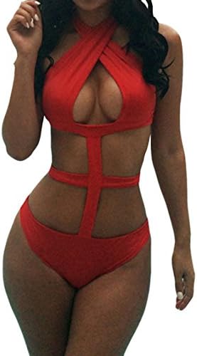 Evenstone Women's Bandage Cut-out One Piece Swimsuit Monokini Swimwear Red M