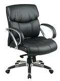 Office Star Deluxe Mid Back Executive Leather Chair with Chrome Finish Base and Padded Arms, Black