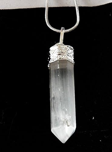 Artisan Hand Carved 6 Sided Selenite and Silver 25 Carat Crystal Pendant Point with Silver Chain, or Pendulum
