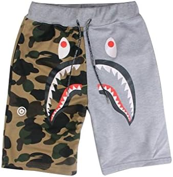 WMWM Mens Shark Pattern Camouflage Stitching Shorts Teen Drawstring Sports Shorts Grey