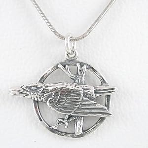 Round Raven Pendant and Moon on 18" Rhodium Plated Sterling Snake Chain in Sterling Silver for Men or Women, #8699