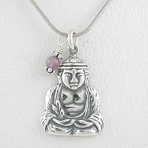 Sitting Buddha Pendant with Amethyst Bead on a 16" Rhodium and Sterling Silver Snake Chain, #8501