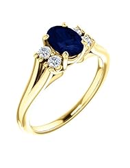 14K Yellow Gold 7.00x5.00mm Oval Cut Chatham Created Sapphire and Diamond Ring -- LIFETIME WARRANTY