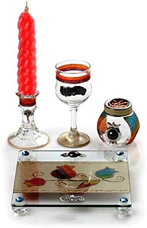 Havdalah Set For Braided Candle + Spice Box Holder - Lily Art HAVDALA SET WITH TRAY POMEGRANATES (Bundle)