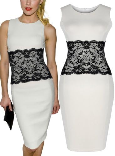 White Crew neck Bodycon Dress With Lace Slimming