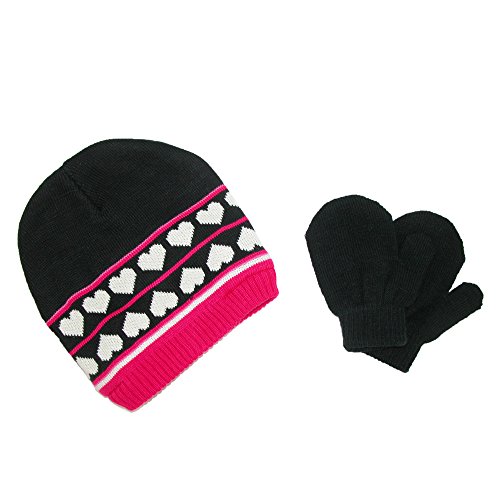 CTM® Girls 0-2 Heart Print Beanie with Ear Flaps and Mittens Winter Set, Black