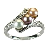 Pearl River Cubic Zirconia Tri Color Cultured Pearl Platinum Overlay Sterling Silver Ring
