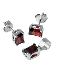 Silver Earring & Pendant Set with Emerald Cut Garnet CZ