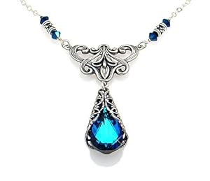 Victorian Style Swarovski Elements® Bermuda Blue Crystal Pendant Choker Necklace