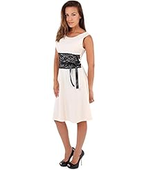 Crepe/Elastane/Polyester/Satin Flared-Skirt Lace Belted Skater Dress/Midi Dress  With a Ribbon 