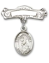 Sterling Silver Baby Badge with St. Margaret Mary Alacoque Charm and Arched Polished Badge Pin