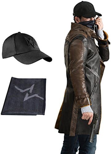 FireLionPlus Men's Leather Cosplay Jacket Cap Mask for Watch Dogs Costume X-Large