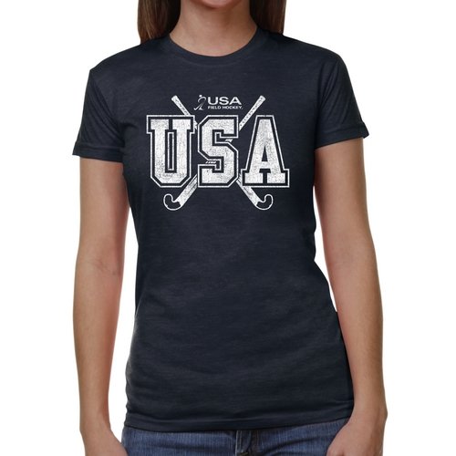 Olympics USA Field Hockey Crossed Sticks Ladies Junior's Tri-Blend T-Shirt - Navy Blue