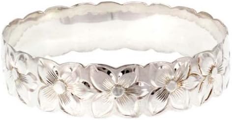 Plumeria Flower Bangle, w/ Free Shipping from Hawaii, 8.5IN, Silver 10mm width