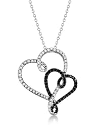 Ladies Double Open Heart White and Black Diamond Pendant Necklace and Chain in 14K White Gold 0.52c