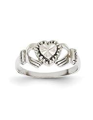 14k White Gold Childs Polished & Diamond-Cut Claddagh Ring