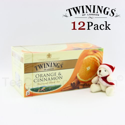 Twinings Black Tea Orange & Cinnamon Tea / 25 Tea Bags / 50g / 1.8oz. (12 Packs) [Holiday Bonus Pack - includes one santa bear]