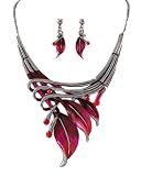 Silvertone Red Leaf Statement Necklace plus Earrings Set Fashion Jewelry
