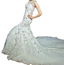 Sexy Beaded Crystals Applique Lace Backless Crystal High-Low-Hem Chiffon/Taffeta/Tulle  Dress