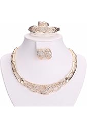 Moochi 18K Gold Plated Crystal Embedded Hollow Chain Necklace Earrings Ring Bracelet Jewelry Set
