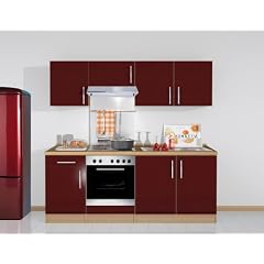 K�chenzeile 210 cm breit, gl�nzend rot/Birke Dekor, inkl. Elektroger�te/mit Arbeitsplatte