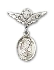 Sterling Silver Baby Badge with St. Sarah Charm and Angel with Wings Badge Pin