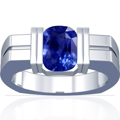 18K White Gold Cushion Cut Blue Sapphire Mens Ring