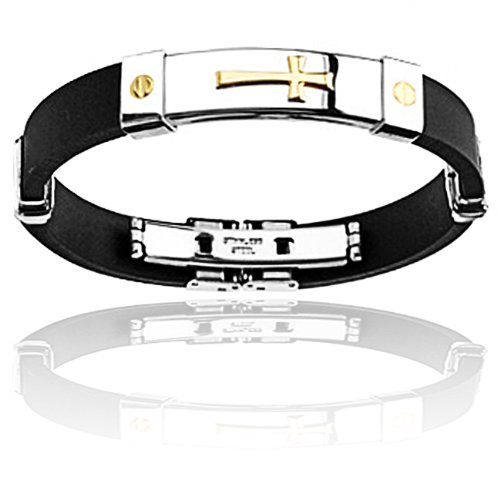 Stainless Steel and Black Rubber Bracelet With Gold Plated Cross