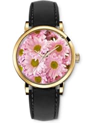 SPRAWL Aanalog Fashion Series Gold Ladies Watches of Genuine Black Leather Strap,Unique Wrist Watch for Women Girls Designed with pink daisies