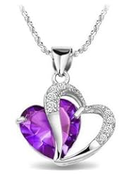 Rhodium Plated 925 Silver Diamond Accent Amethyst Heart Shape Pendant Necklace 18"