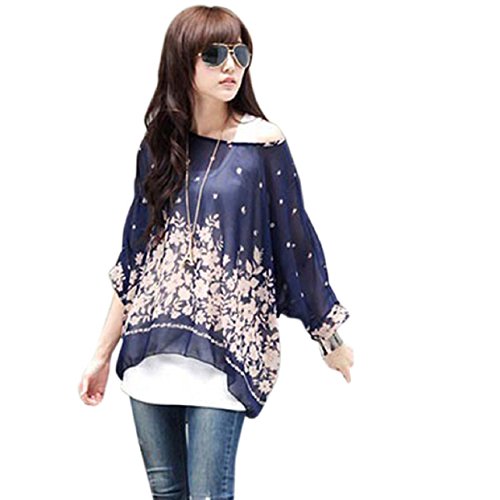 DaySeventh Lady Batwing Sleeve Chiffon Shirt Bohemian Floral Oversized Blouse