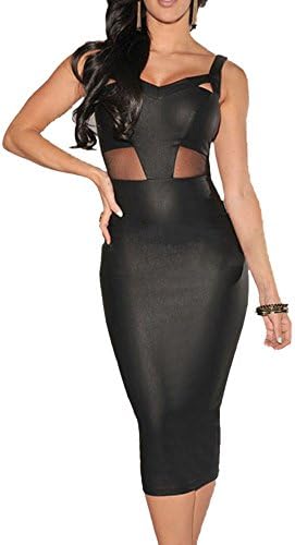 Your Gallery Women's Cut Out Transparent Mesh Open Back Strap Bodycon Dress L Black