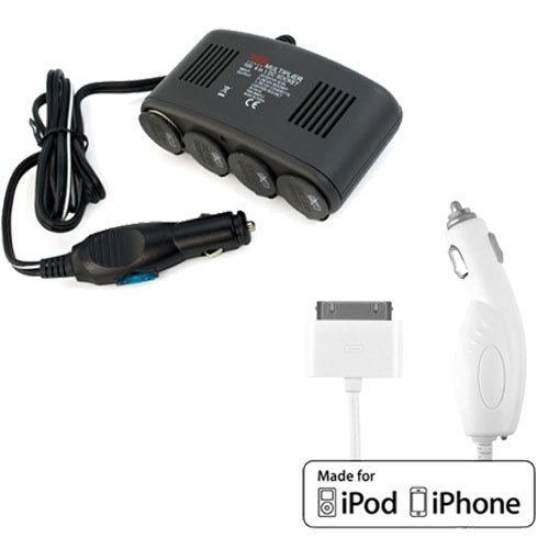 EZOPower 4-Port Car Cigarette Lighter Socket & USB Port 1A + Car Charger for iPod iPhone