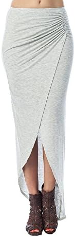 LaClef Women's All around Asymmetrical Solid Long Tulip Maxi Knit Drape Slit Skirt (LARGE, GREY)
