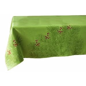 Tag Spruce Jacquard 100-Percent Cotton Tablecloth with Embroidered Red Berry Detail