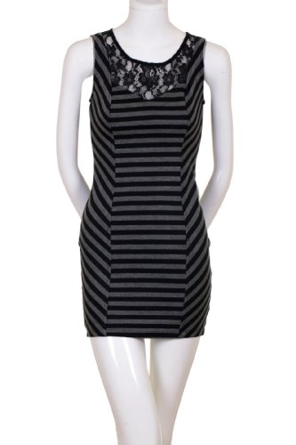Must Have Lace Neck Inset Zipper Back Sleeveless Semi-Fitted Striped Mini Dress Black Gray