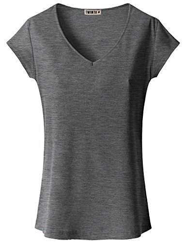 Doublju Womens Short Sleeve V neck Stretch Slim Fit T-shirt