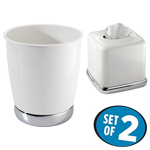 mDesign Wastebasket Trash Can with Facial Tissue Box Cover/Holder, 2 pc Bathroom Accessory Set - White/Chrome