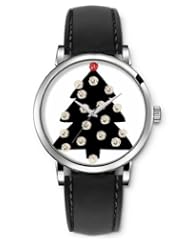 SPRAWL Aanalog Fashion Series Silver Ladies Watches of Genuine Black Leather Strap,Unique Wrist Watch for Women Girls Designed with Black christmas tree